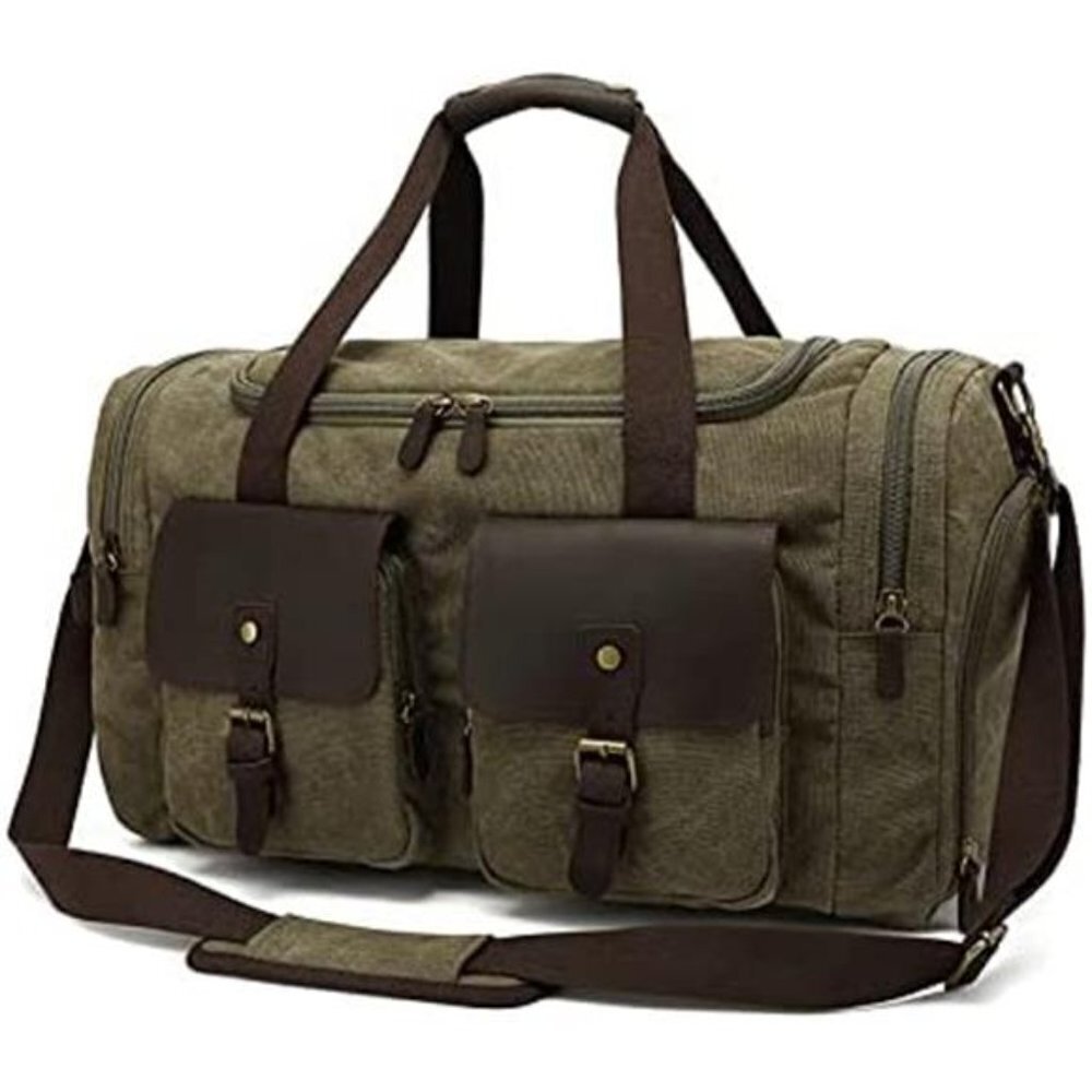 Canvas Duffle Bag Genuine Leather Weekend Bag Carry On Travel Tote (Army Green)